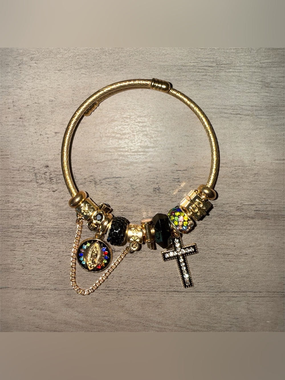 Gold Plated Stainless Steel Charm Bracelet with Multicolor Crystal Accents
